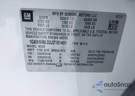 2018 GMC Acadia Slt-1 from USA, damaged, VIN 1GKKNMLS2JZ101489